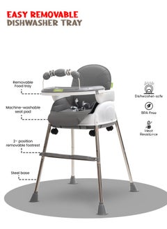 BAYBEE 4 In 1 Nora Convertible High Chair For Kids With Adjustable Height And Footrest Baby Toddler Feeding Booster Seat With Tray Safety Belt Kids High Chair For Baby 6 Months To 4 Years Grey  - Image 3