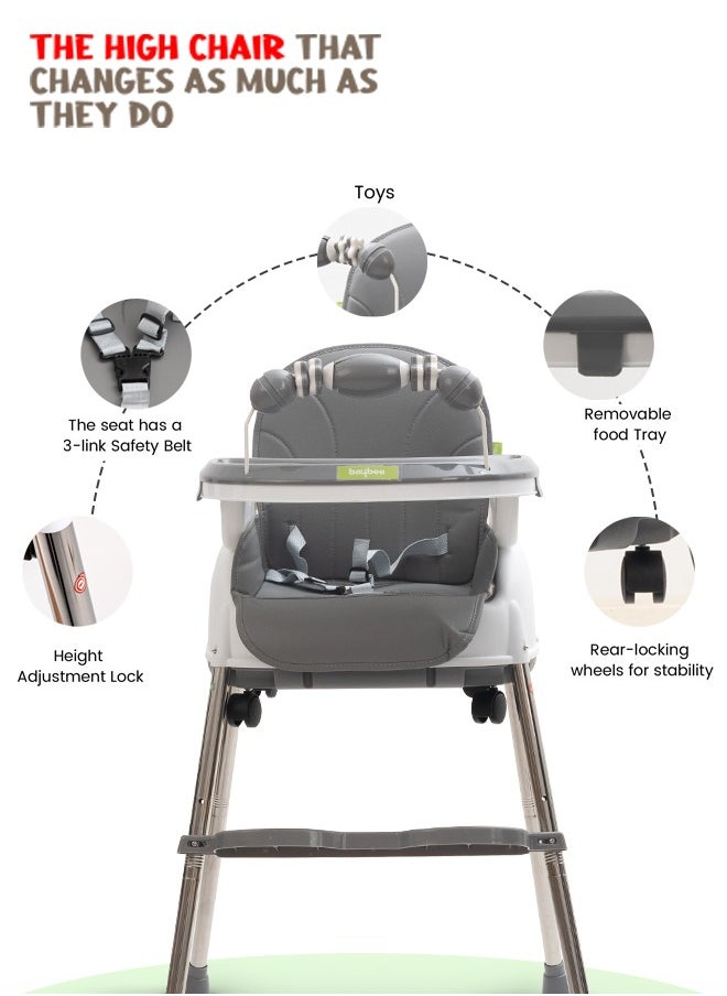 BAYBEE 4 In 1 Nora Convertible High Chair For Kids With Adjustable Height And Footrest Baby Toddler Feeding Booster Seat With Tray Safety Belt Kids High Chair For Baby 6 Months To 4 Years Grey  - Image 4