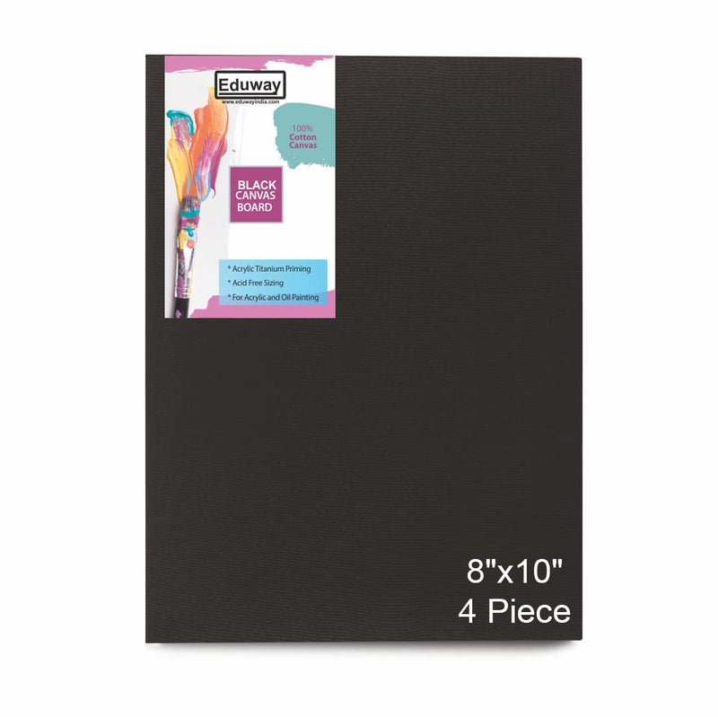 Eduway Medium Grain 8x10 inch Cotton Black Canvas Board- Pack of 4, (20x25 cms) with 4mm MDF Board Backing, for Painting. - Image 1