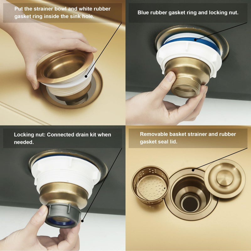 LQS Kitchen Sink Drain Strainer Assembly, Sink Drain 304 Stainless Steel with Removable Deep Waste Basket and Sealing Lid 3-1/2-inch Golden - Image 4