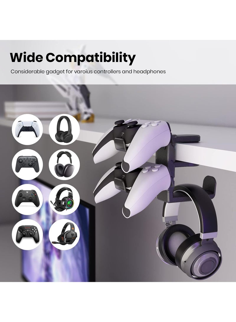 Beauenty Headphone Stand, 3 in 1 Gaming Headphone  Controller Holder, Adjustable Clamp Headphone Stand Under Desk, with 2 Controller Holder, Rotating Arm  Cable Organizer, PC Gaming Accessory Holder (Black) - Image 3