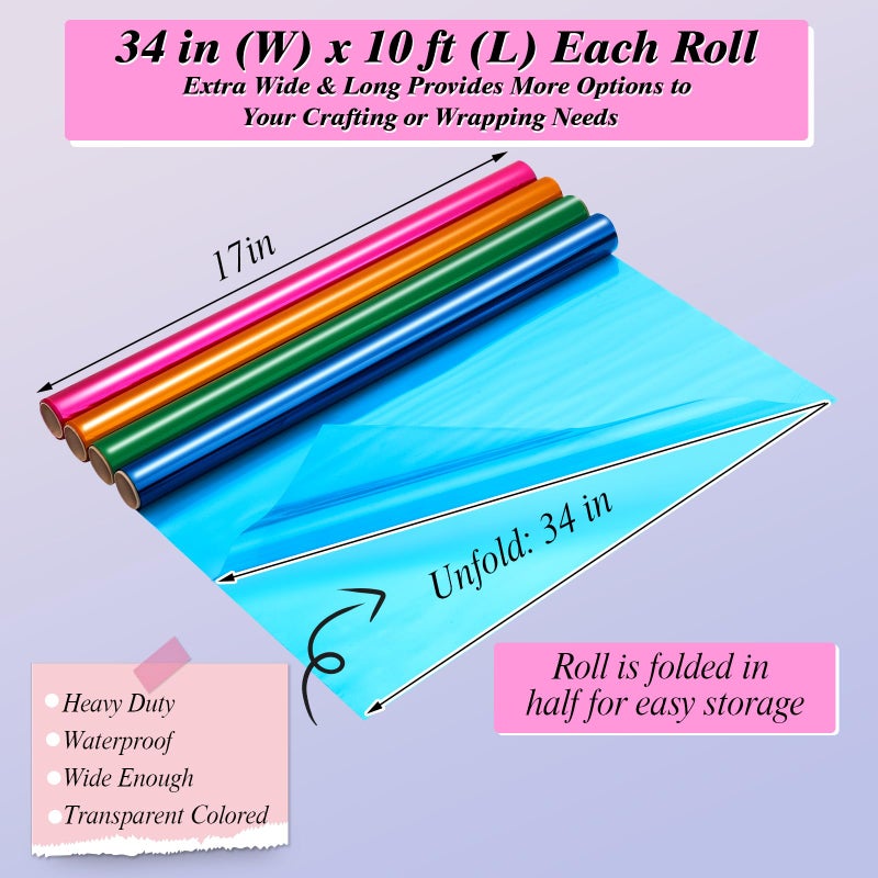 woric 8 Rolls Colored Cellophane Wrap Extra Wide (34In x 10Ft) Transparent Cellophane Paper Roll for Gift Baskets Gift Wrapping DIY Crafts Easter Decoration - Image 2