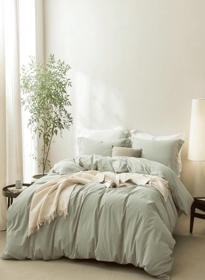 BDEAR Linen Feel Sage Green Duvet Cover Oversized Queen Size 98'' L x 98'' W, 100% Washed Cotton Duver Cover with Zipper Closure Plus 2 Pillowcases, Oeko TEX Standard Certificated - Image 1