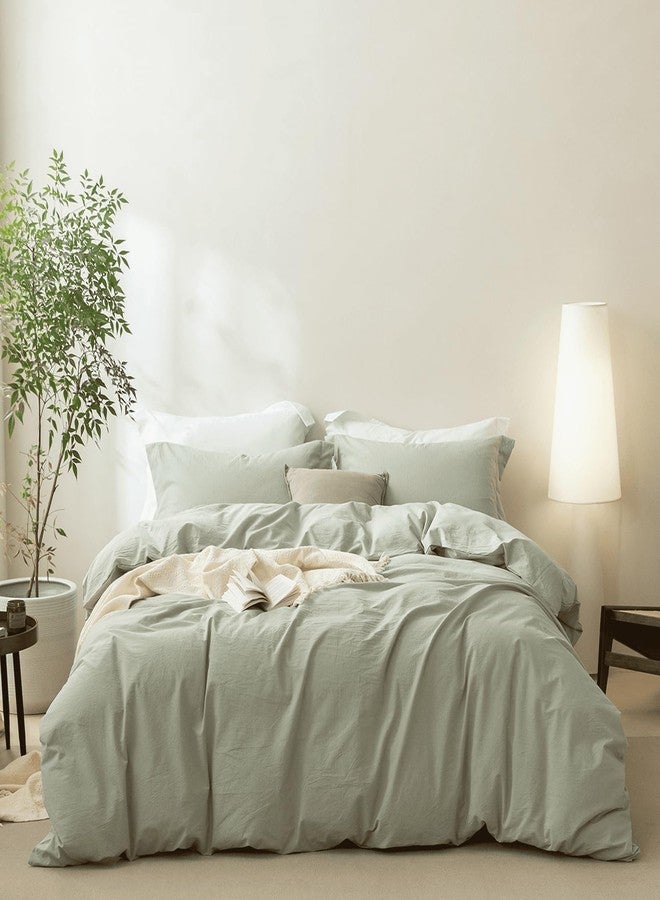 BDEAR Linen Feel Sage Green Duvet Cover Oversized Queen Size 98'' L x 98'' W, 100% Washed Cotton Duver Cover with Zipper Closure Plus 2 Pillowcases, Oeko TEX Standard Certificated - Image 4