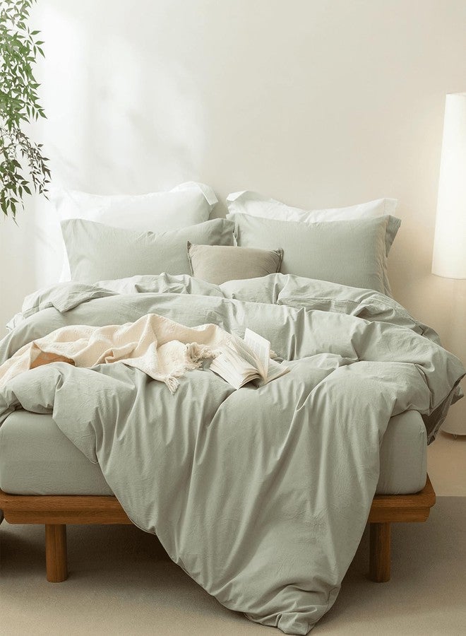 BDEAR Linen Feel Sage Green Duvet Cover Oversized Queen Size 98'' L x 98'' W, 100% Washed Cotton Duver Cover with Zipper Closure Plus 2 Pillowcases, Oeko TEX Standard Certificated - Image 2
