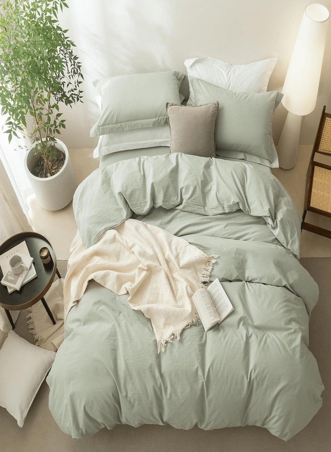 BDEAR Linen Feel Sage Green Duvet Cover Oversized Queen Size 98'' L x 98'' W, 100% Washed Cotton Duver Cover with Zipper Closure Plus 2 Pillowcases, Oeko TEX Standard Certificated - Image 5