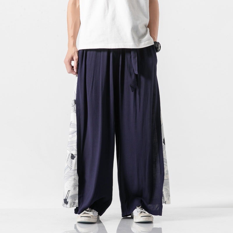 Chinese Style Cotton Linen Crane Printed Wide-legged Pants Mens Hanfu Tang Suit Ancient Costume Performance Costume Antique Fairy Elegant Culottes Tibetan Crane