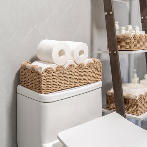 CubesLand Paper Rope Scalloped Edge Toilet Paper Storage Basket, Small Living Room, Bedroom Decor Baskets for Over Toilet Storage Shelf, End Table, Shelves and More, with 2 Wooden Handle, Neutral - Image 4
