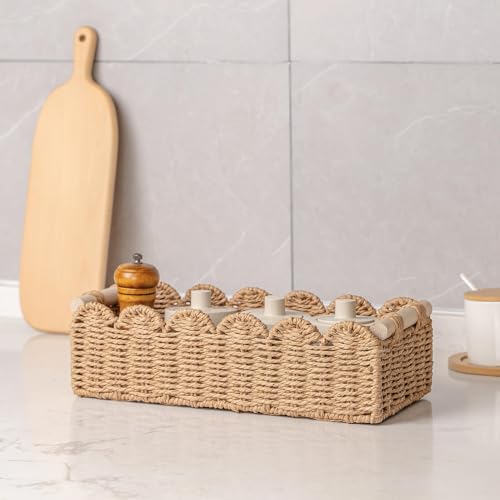 CubesLand Paper Rope Scalloped Edge Toilet Paper Storage Basket, Small Living Room, Bedroom Decor Baskets for Over Toilet Storage Shelf, End Table, Shelves and More, with 2 Wooden Handle, Neutral - Image 5