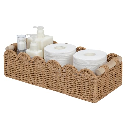 CubesLand Paper Rope Scalloped Edge Toilet Paper Storage Basket, Small Living Room, Bedroom Decor Baskets for Over Toilet Storage Shelf, End Table, Shelves and More, with 2 Wooden Handle, Neutral - Image 1