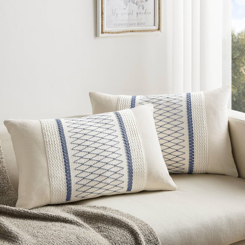 Zeemart 2 Packs Cotton Boho Lumbar Throw Pillow Covers 12X20 Inch Grid Blue  Soft Farmhouse Decorative Couch Pillow Cases Blue Cushion Covers For Sofa Bed Living Room Home Decor - Image 1