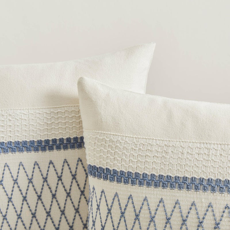Zeemart 2 Packs Cotton Boho Lumbar Throw Pillow Covers 12X20 Inch Grid Blue  Soft Farmhouse Decorative Couch Pillow Cases Blue Cushion Covers For Sofa Bed Living Room Home Decor - Image 2