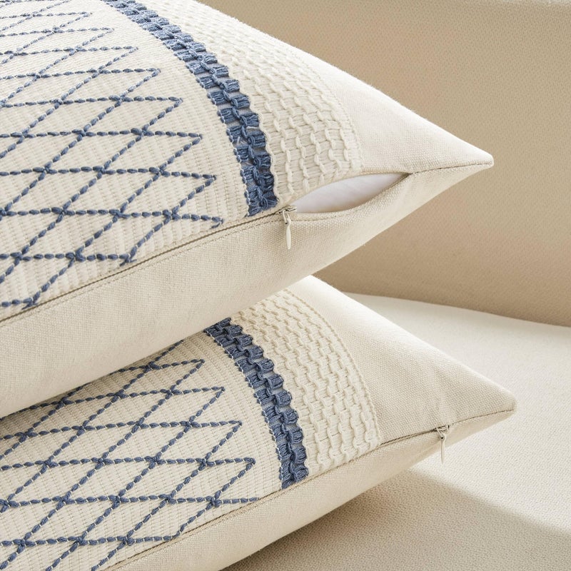 Zeemart 2 Packs Cotton Boho Lumbar Throw Pillow Covers 12X20 Inch Grid Blue  Soft Farmhouse Decorative Couch Pillow Cases Blue Cushion Covers For Sofa Bed Living Room Home Decor - Image 3