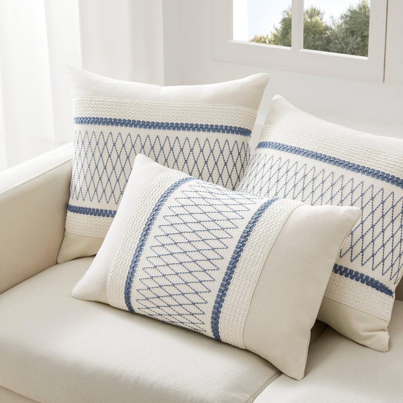 Zeemart 2 Packs Cotton Boho Lumbar Throw Pillow Covers 12X20 Inch Grid Blue  Soft Farmhouse Decorative Couch Pillow Cases Blue Cushion Covers For Sofa Bed Living Room Home Decor - Image 5