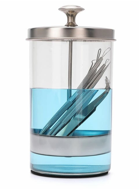 Durable 21Oz Glass Disinfectant Jar for Salon & Barber Tools, Includes Removable Straining Tray for Nail Supplies & Spa Implements