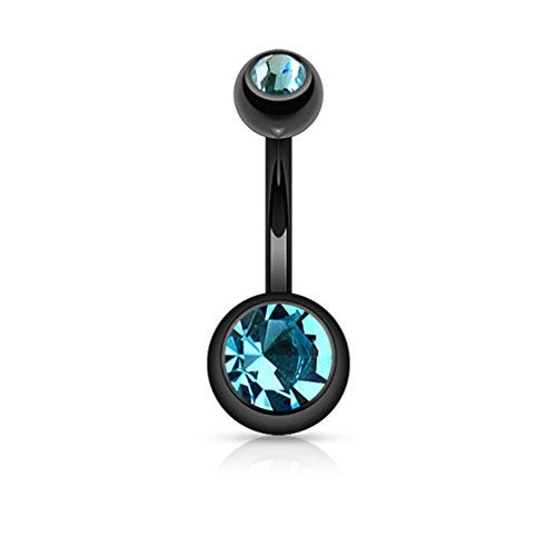FIFTH CUE 14G Black Titanium IP 316L Double CZ Barbell Belly Ring (AQUA) - Image 1