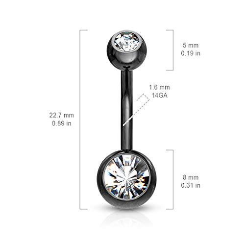 FIFTH CUE 14G Black Titanium IP 316L Double CZ Barbell Belly Ring (AQUA) - Image 2