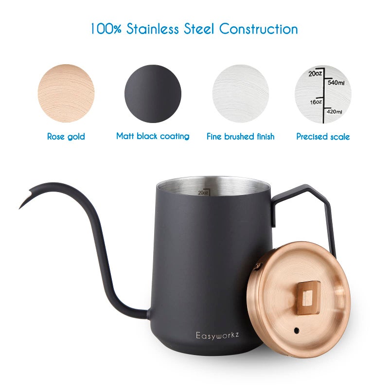 Easyworkz Gooseneck Pour Over Coffee Kettle 20 oz Stainless Steel Hand Drip Coffee Pot With Long Narrow Spout, Rose Gold Black - Image 3