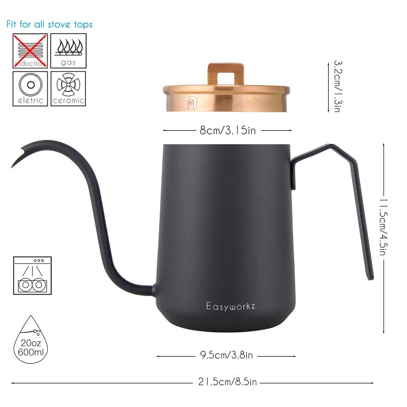 Easyworkz Gooseneck Pour Over Coffee Kettle 20 oz Stainless Steel Hand Drip Coffee Pot With Long Narrow Spout, Rose Gold Black - Image 2