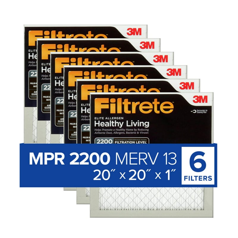 Filtrete 20x20x1 AC Furnace Air Filter MERV 13 MPR 2200 Elite Allergen Bacteria Virus Filter 3Month Pleated 1Inch Electrostatic Air Cleaning Filter 6Pack Actual Size 1969x1969x078 in
