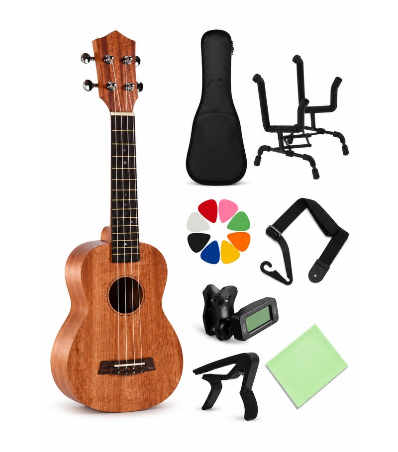 Megarya Natural Wood Ukulele 4-String Starter Kit with Gig Bag, Folding Stand, Clip-On Tuner, Capo, Strap, 8 Picks & Cleaning Cloth, Beginner Ukulele Set for Learning & Practice