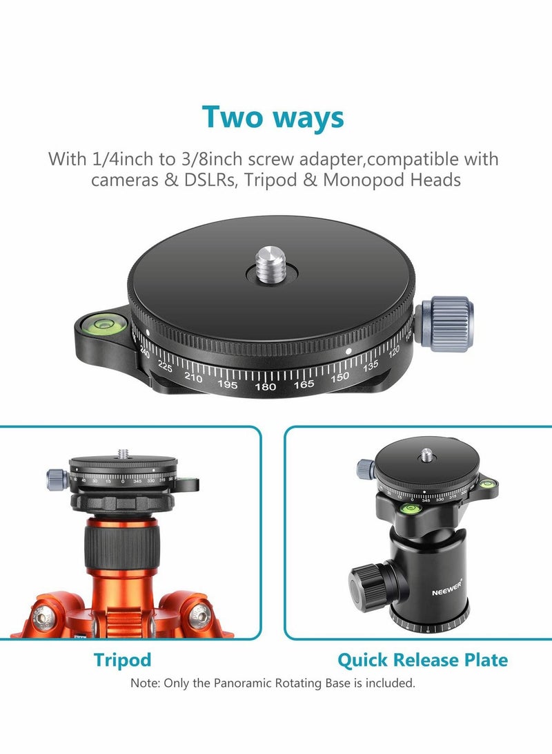 Camera Panoramic Panning Base with Arca Swiss Style Plate, 3/8 Screw Aluminum Alloy Black Panorama Tripod Head Bubble Level for Monopod DSLR Cameras, Load Capacity 22 LBS  - Image 3