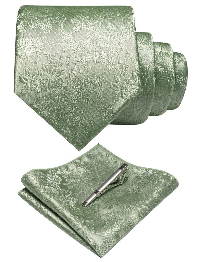 JEMYGINS Silk Sage Green Floral Tie Necktie and Pocket Square, Hankerchief and Tie Bar Clip Sets for Men(52) - Image 1