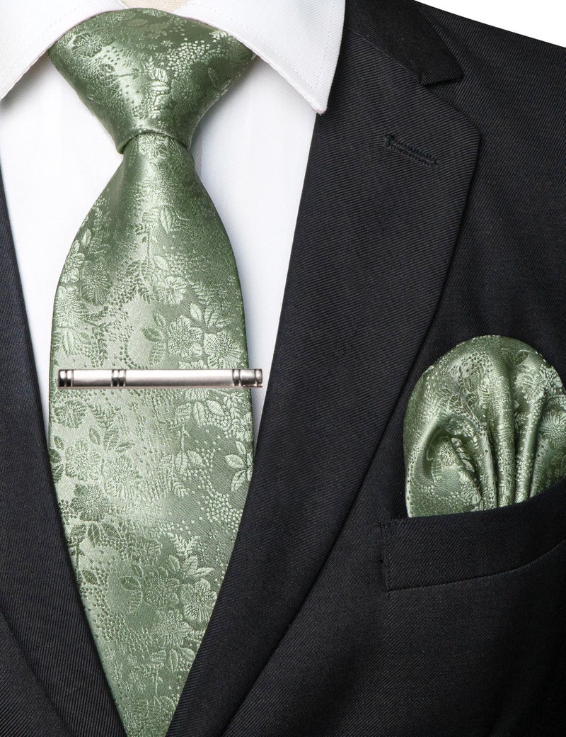 JEMYGINS Silk Sage Green Floral Tie Necktie and Pocket Square, Hankerchief and Tie Bar Clip Sets for Men(52) - Image 2