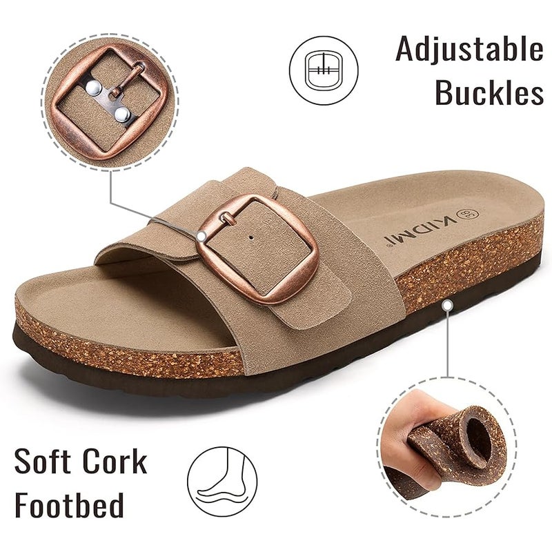 KIDMI Genuine Suede Cork Footbed Sandals for Women Comfortable Summer Slides with Buckle - Image 4