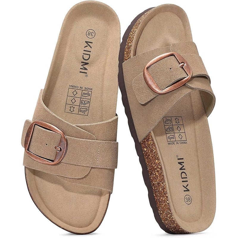 KIDMI Genuine Suede Cork Footbed Sandals for Women Comfortable Summer Slides with Buckle - Image 1