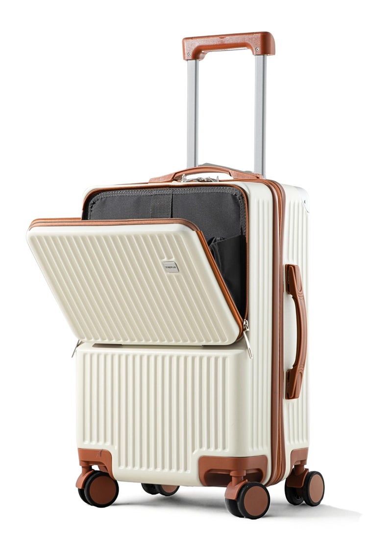 TEREPLUS® Carry On Luggage 20-inches Travel Trolley Bag Suitcase with Front Open Laptop Compartment, USB Port Charging, Cup Holder, Silent Wheels Eva (White & Mocha, 20) - Image 1