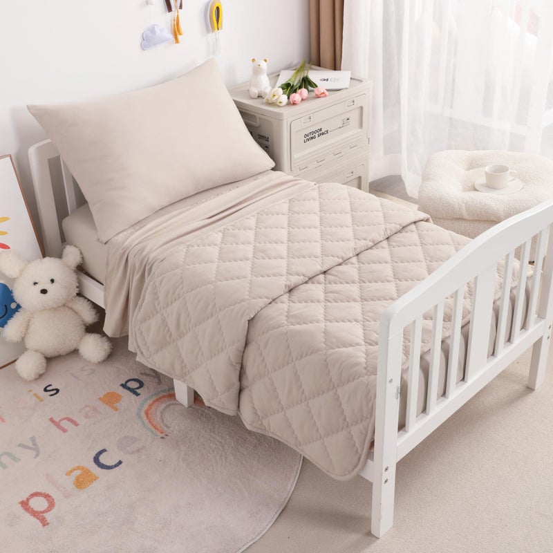 NTBAY Toddler Bedding Set - 4 Piece Soft and Breathable Crib Bedding Set for Boys and Girls, Includes Quilted Comforter, Fitted Sheet, Flat Top Sheet and Envelope Pillowcase, Taupe - Image 3