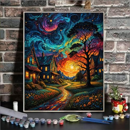 ldazao Starry Paint By Numbers Kit For Adults Country Night Paint By Number Kits For Beginner Moon Acrylic On Canvas Diy Oil Painting Kit Adults PaintByNumber Kits For Gift Home Wall Decor 16x20 Inch - Image 3