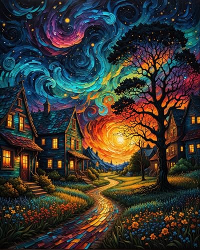 ldazao Starry Paint By Numbers Kit For Adults Country Night Paint By Number Kits For Beginner Moon Acrylic On Canvas Diy Oil Painting Kit Adults PaintByNumber Kits For Gift Home Wall Decor 16x20 Inch - Image 1