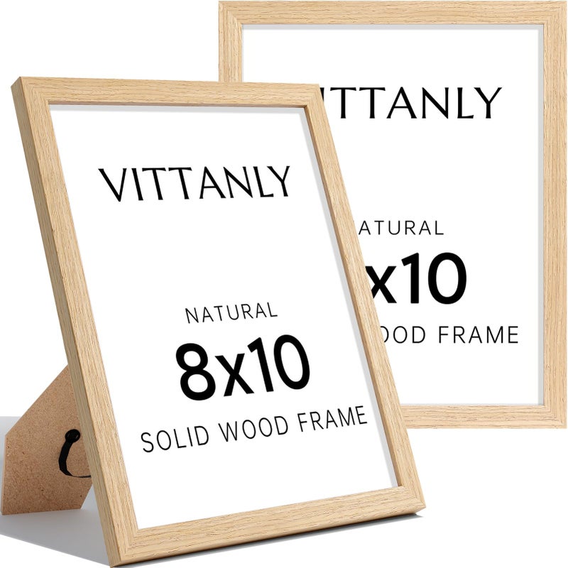 Vittanly 8x10 Picture Frame Set of 2, Solid Wood Frame for Wall or Tabletop, Display Photo 5x7 with Mat or 8x10 without Mat, Natural - Image 1