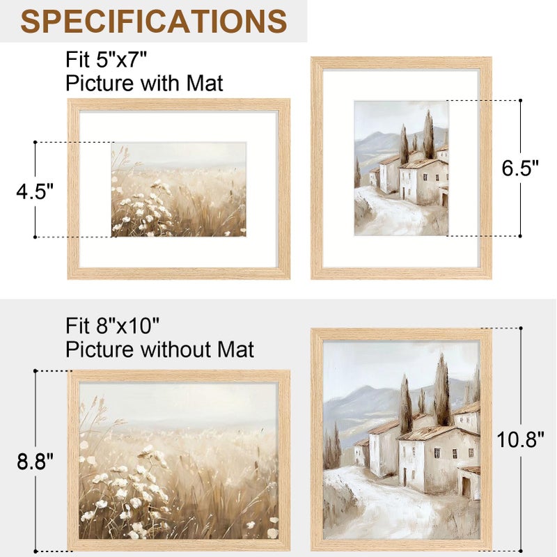 Vittanly 8x10 Picture Frame Set of 2, Solid Wood Frame for Wall or Tabletop, Display Photo 5x7 with Mat or 8x10 without Mat, Natural - Image 4