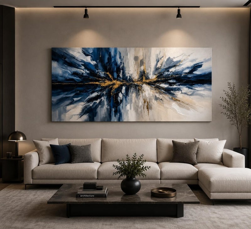 Al Raied ARS® Luxury Abstract Canvas Wall Art 40 X 70 CM Modern 3D Texture Navy Blue and Gold Foil Painting Print - Image 2
