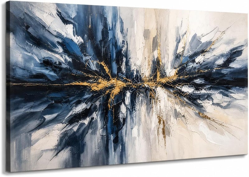 Al Raied ARS® Luxury Abstract Canvas Wall Art 40 X 70 CM Modern 3D Texture Navy Blue and Gold Foil Painting Print - Image 1