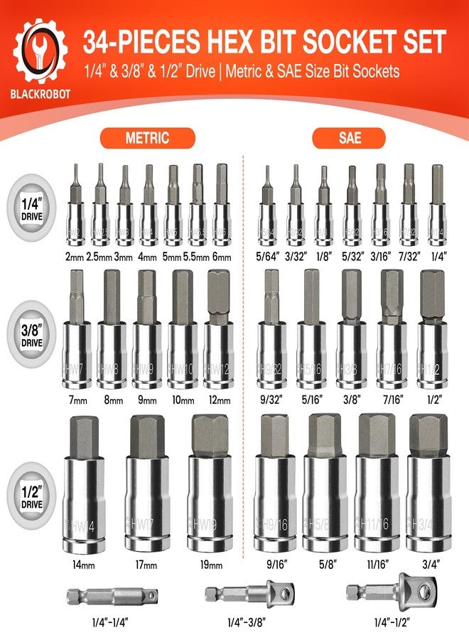 BLACKROBOT 34-Pieces Hex Bit Socket Set, BLACKROBOT 1/4" 3/8" 1/2" Drive SAE & Metric Size Allen Socket Set with Socket Adapters and Portable Storage Case, S2 Alloy Steel - Image 2