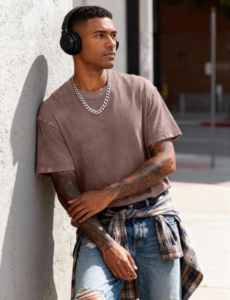 Eisctnd 4 Pack Men's Oversized T-Shirts Heavy Cotton Vintage Tee, Loose Fit Baggy Short Sleeve Casual Streetwear Unisex Tops(4-Black+Beige+Green+Coffee-M) - Image 3