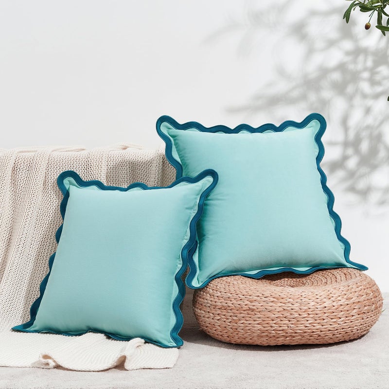 MONDAY MOOSE Decorative Throw Pillow Covers Cushion Cases, Set of 2 Soft Velvet Scalloped Wavy Edge Designs, Mix and Match for Home Decor, Pillow Inserts Not Included (20x20 inch, Blue/Light Blue) - Image 2