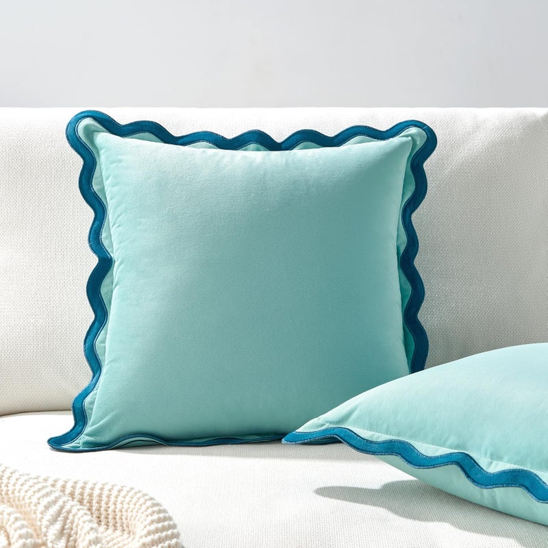 MONDAY MOOSE Decorative Throw Pillow Covers Cushion Cases, Set of 2 Soft Velvet Scalloped Wavy Edge Designs, Mix and Match for Home Decor, Pillow Inserts Not Included (20x20 inch, Blue/Light Blue) - Image 4