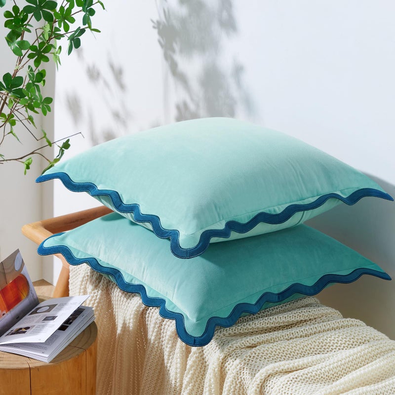 MONDAY MOOSE Decorative Throw Pillow Covers Cushion Cases, Set of 2 Soft Velvet Scalloped Wavy Edge Designs, Mix and Match for Home Decor, Pillow Inserts Not Included (20x20 inch, Blue/Light Blue) - Image 3