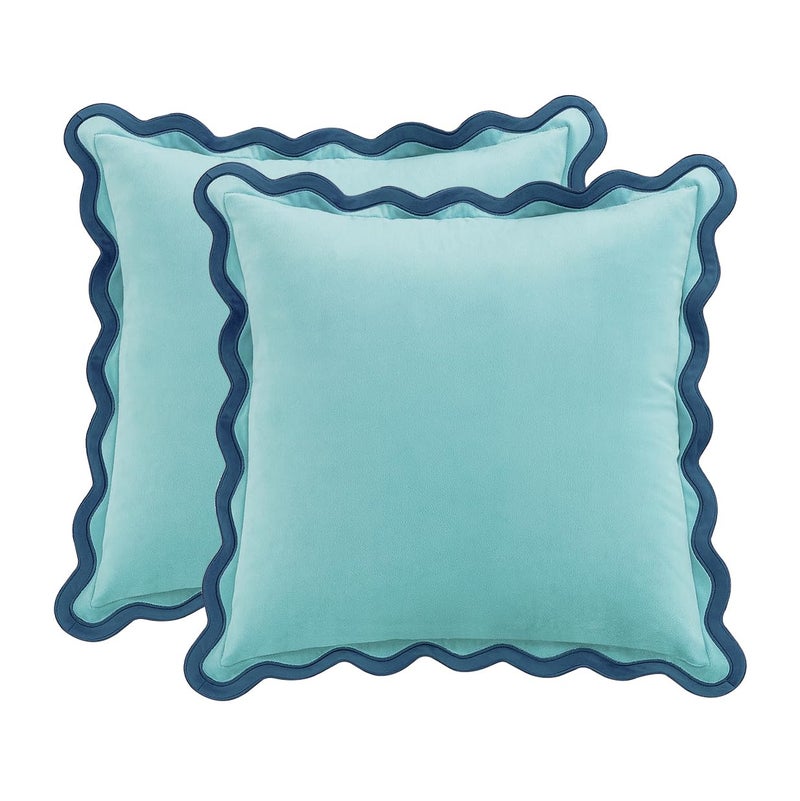 MONDAY MOOSE Decorative Throw Pillow Covers Cushion Cases, Set of 2 Soft Velvet Scalloped Wavy Edge Designs, Mix and Match for Home Decor, Pillow Inserts Not Included (20x20 inch, Blue/Light Blue) - Image 1