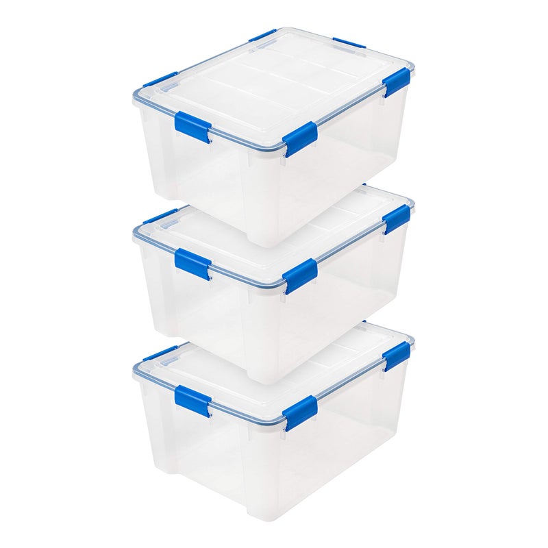 IRIS IRIS USA WeatherPro 60 Qt Storage Bins with Lids 3 Pack BPAFree Plastic Gasket Box with Tight Latch and Seal Stackable Nestable Tote Tub  ClearBlue 