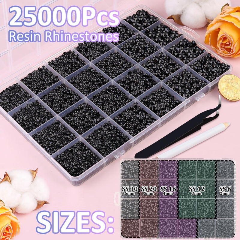 TINKRSTUFF 25000Pcs Resin Rhinestones for Crafting, Black 2-6mm Mixed Sizes Non Hotfix Flatback Gems with 1Pcs Glue, Bedazzling Crystal for DIY Craft Clothing Mugs Tumblers Shoes Fabric Decor Nail Art - Image 2
