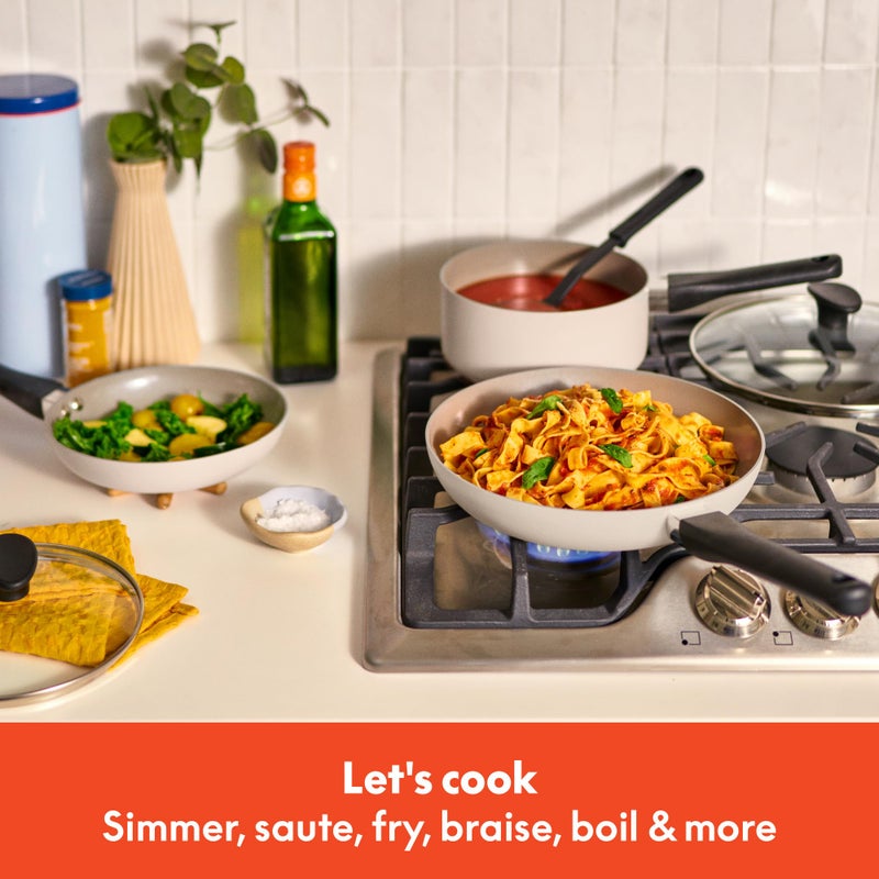 bella 12 Piece Cookware Set with EverGoodâ„¢ Ceramic Nonstick Coatingâ€‹, Dishwasher & Oven Safe, All Stovetops Compatible, Tempered Glass Lids and Cool Touch Handles, Oatmilk - Image 3