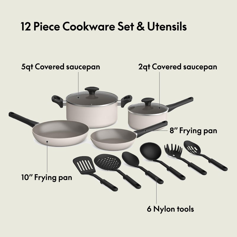 bella 12 Piece Cookware Set with EverGoodâ„¢ Ceramic Nonstick Coatingâ€‹, Dishwasher & Oven Safe, All Stovetops Compatible, Tempered Glass Lids and Cool Touch Handles, Oatmilk - Image 2