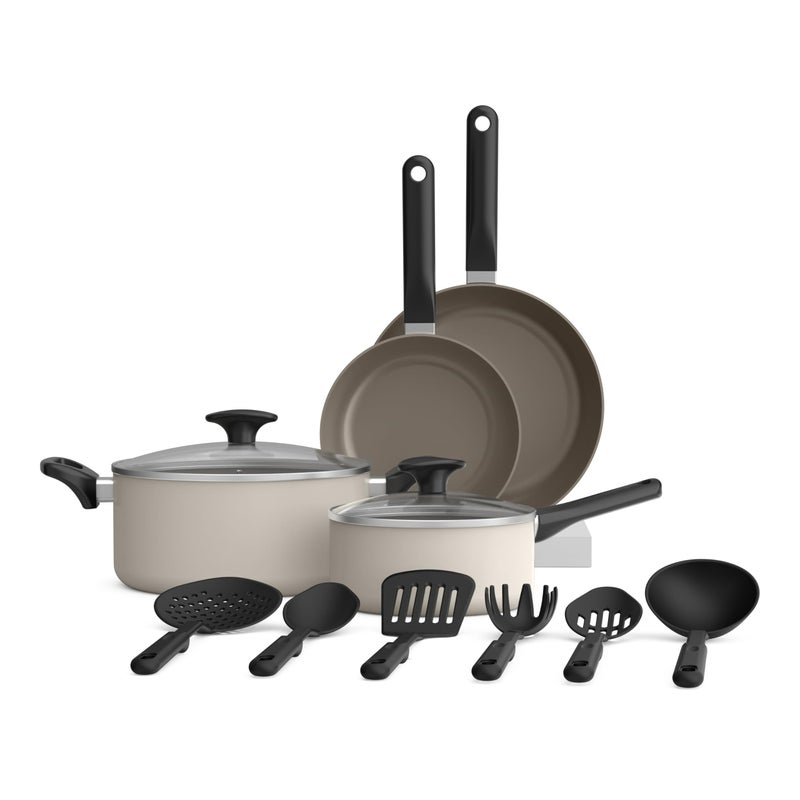 bella 12 Piece Cookware Set with EverGoodâ„¢ Ceramic Nonstick Coatingâ€‹, Dishwasher & Oven Safe, All Stovetops Compatible, Tempered Glass Lids and Cool Touch Handles, Oatmilk - Image 1
