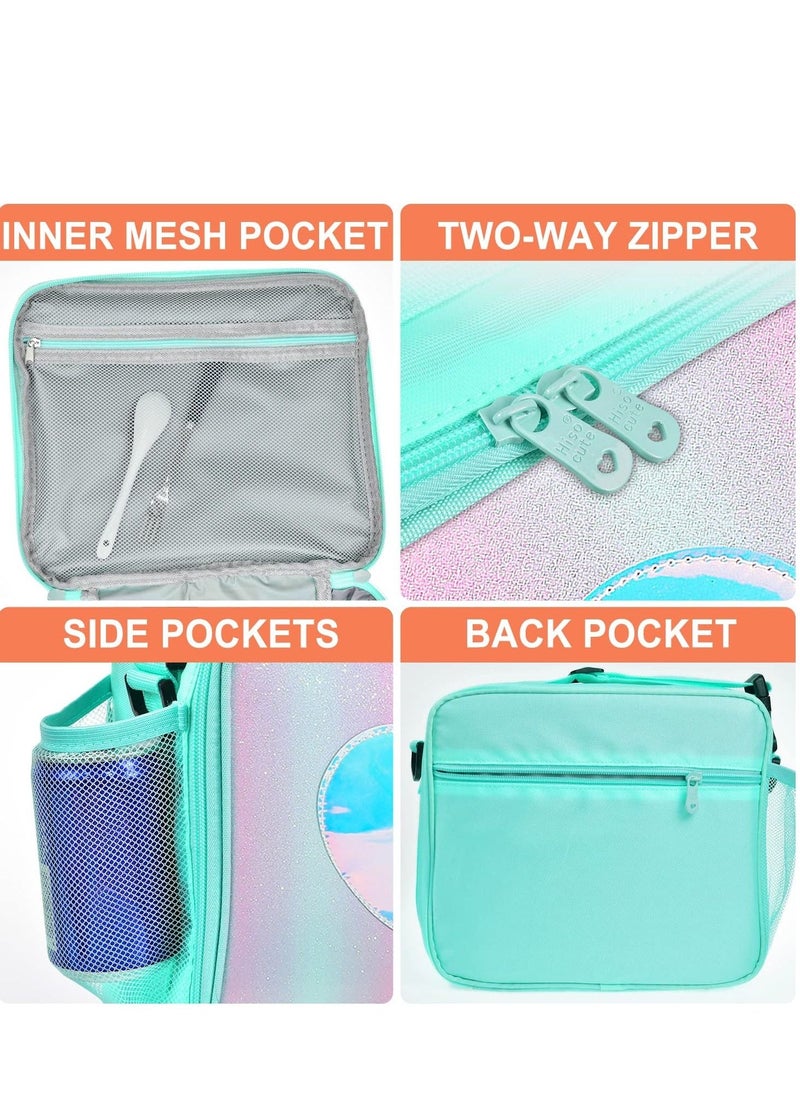 Children's Lunch Box, Rainbow Laser Tote Leakproof Insulated Lunch Bag Reusable Insulated Bento Bag Picnic Ice Bag Girls Simple Shoulder Bag for School and Outdoor Backpack (Green) - Image 5